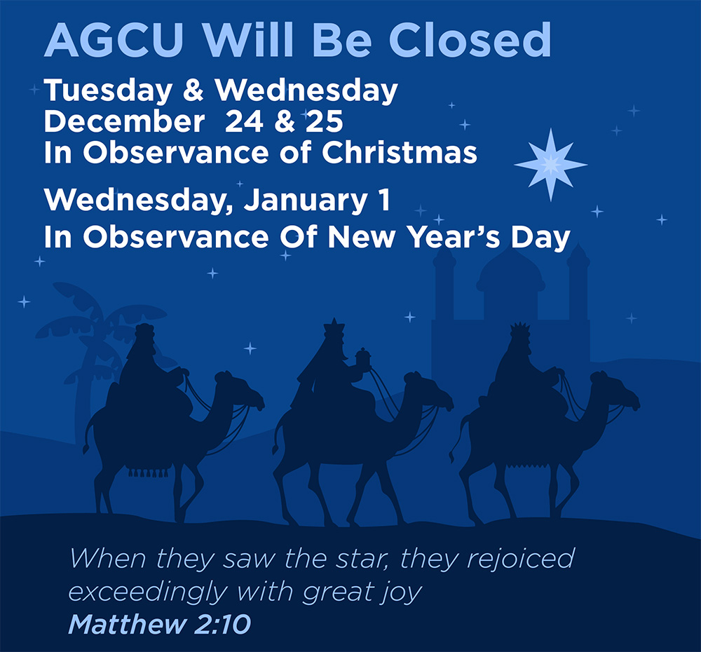 AGCU will be closed for Christmas and New Year